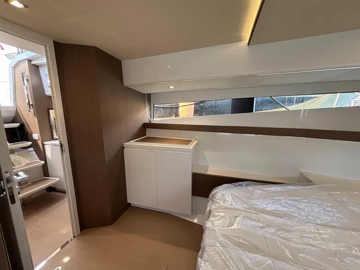 Barbarossa Yacht Photos Pics 2024 Fiart 43 Seawalker cabin interior with modern design and natural lighting.