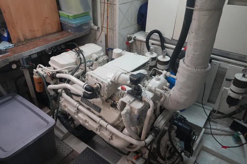 God's Favor Yacht Photos Pics Engine room of a 1986 DeFever 53 POC yacht with Caterpillar engine.