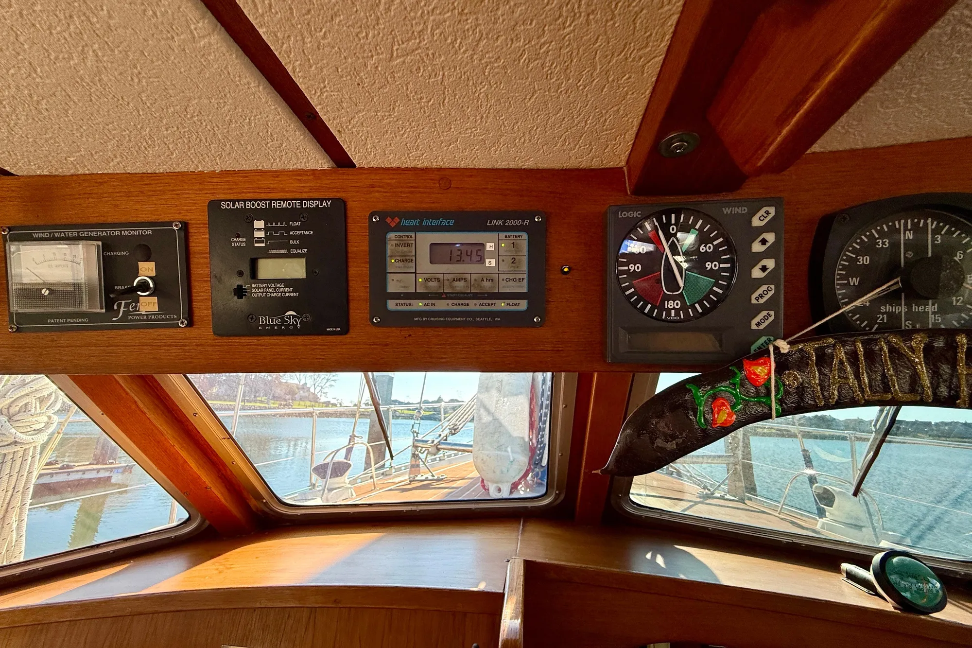 Control panel of a 1986 Nauticat 43 sailboat with navigation instruments.