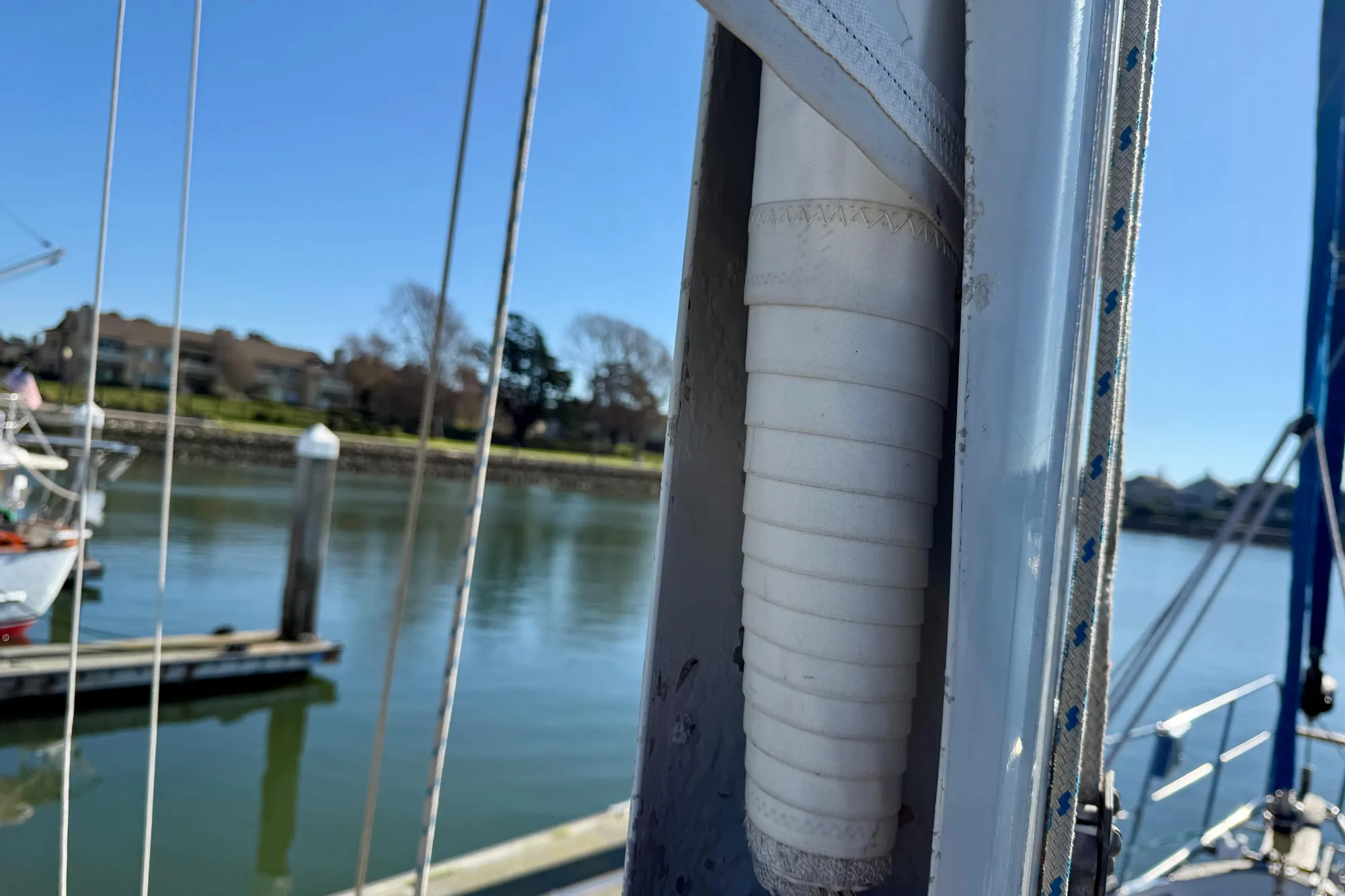 Close-up of furled mainsail on TALLY HO. Main is in great shape!