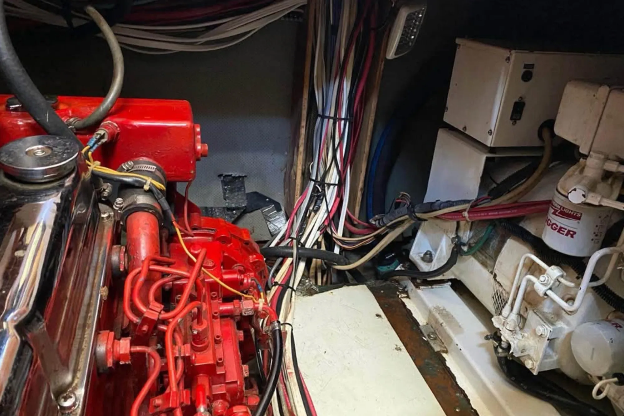 Engine room of 1986 Nauticat 43 sailboat with 90 Hp Lehman diesel and  Northern Lights Generator