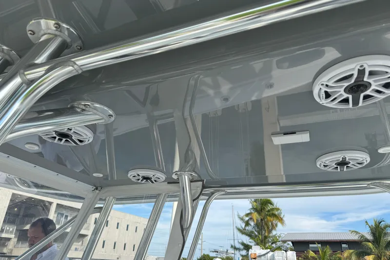  Yacht Photos Pics 2022 Freeman 34VH boat interior with speakers and stainless steel framework.