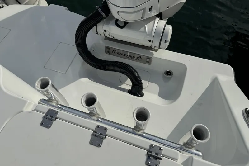  Yacht Photos Pics 2022 Freeman 34VH boat deck with rod holders and equipment.