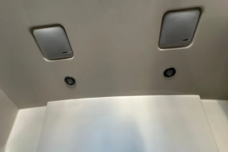 Jet Privé Yacht Photos Pics Ceiling view of 2021 Searay 370ob boat with speakers and lights.