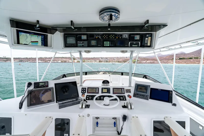 Tiger Spirit Yacht Photos Pics Cockpit of 1995 Donzi 72 Convertible yacht with advanced navigation equipment.