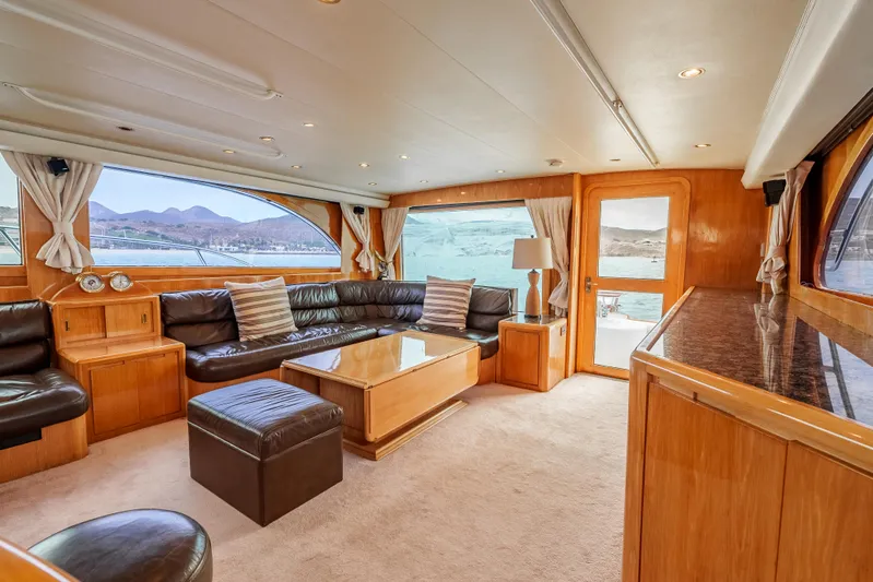 Tiger Spirit Yacht Photos Pics Luxurious interior of a 1995 Donzi 72 Convertible yacht with leather seating and panoramic windows.