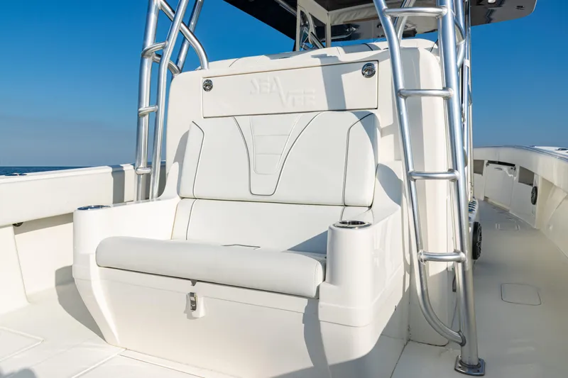  Yacht Photos Pics 2020 SeaVee 390Z boat interior with white seating and stainless steel ladder.