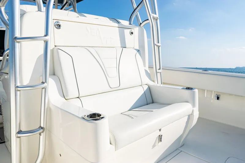  Yacht Photos Pics 2020 SeaVee 390Z boat with white seating and ocean view.