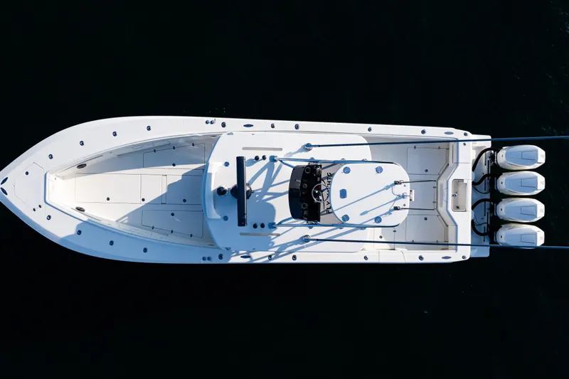  Yacht Photos Pics Aerial view of 2020 SeaVee 390Z boat with triple outboard engines.