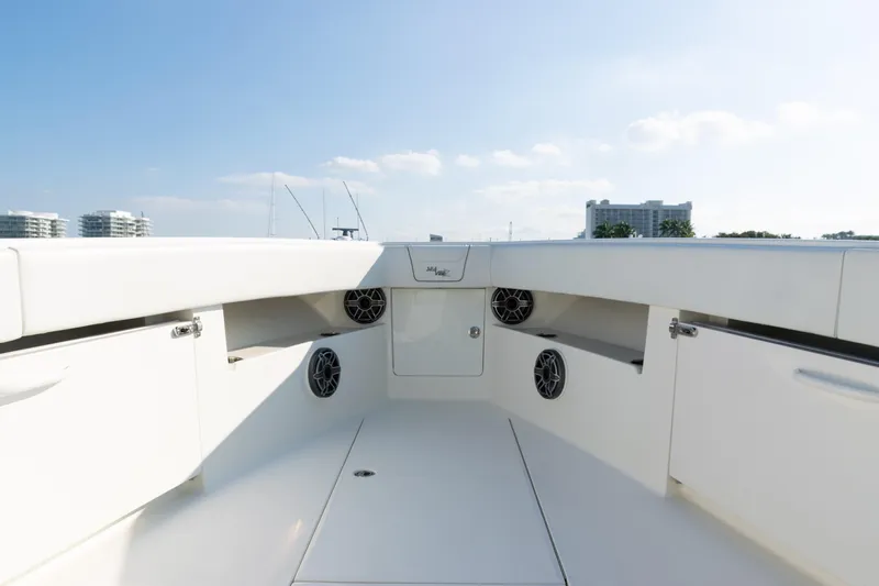  Yacht Photos Pics 2020 SeaVee 390Z boat interior with speakers and storage compartments.