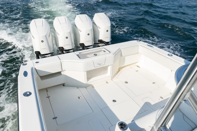  Yacht Photos Pics 2020 SeaVee 390Z boat with four Mercury outboard engines on open water.