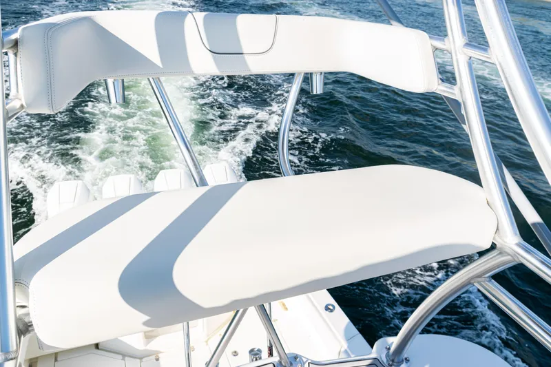  Yacht Photos Pics 2020 SeaVee 390Z boat with white seating and ocean backdrop.