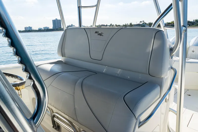  Yacht Photos Pics 2020 SeaVee 390Z boat interior with sleek seating and ocean view.