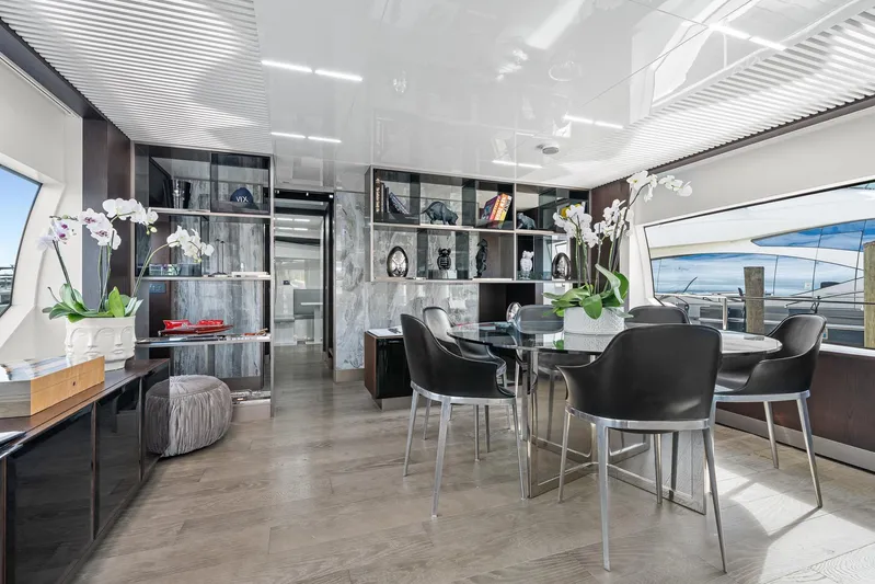 Vix Yacht Photos Pics Luxurious interior of 2018 Ferretti Yachts 850 with elegant dining area and modern decor.