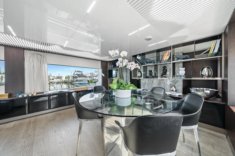 Vix Yacht Photos Pics Luxurious interior of 2018 Ferretti Yachts 850 with elegant dining area and modern decor.