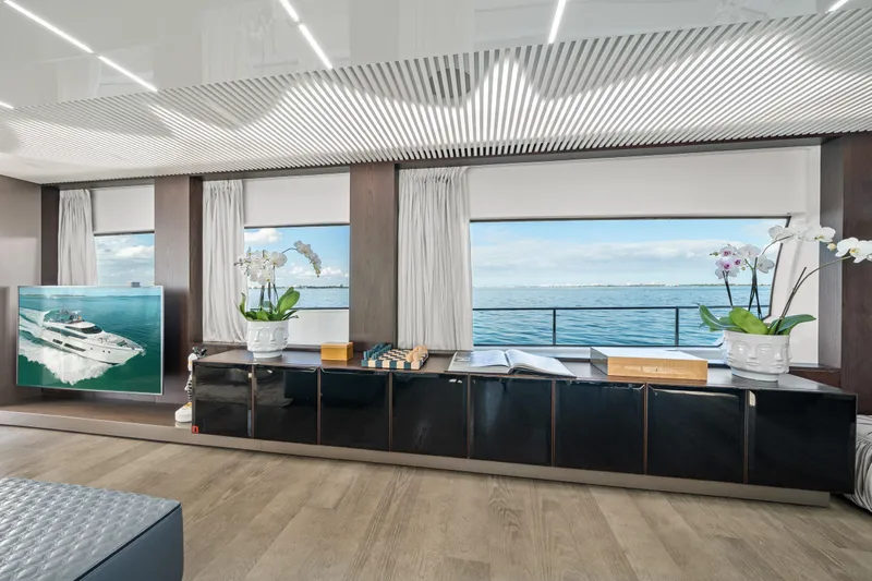 Vix Yacht Photos Pics Luxurious interior of 2018 Ferretti Yachts 850 with ocean view and elegant decor.