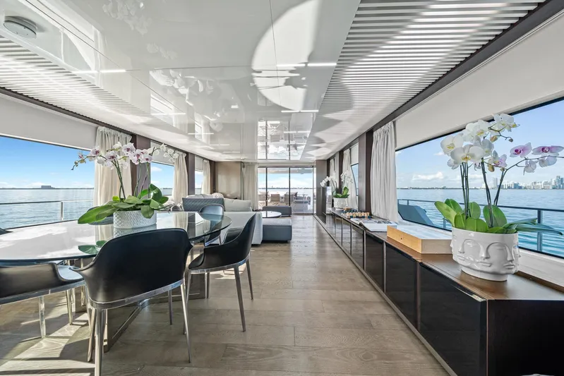 Vix Yacht Photos Pics Luxurious interior of 2018 Ferretti Yachts 850 with elegant dining area and ocean views.