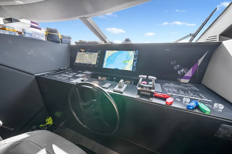 Vix Yacht Photos Pics Cockpit of 2018 Ferretti Yachts 850 with navigation screens and controls.