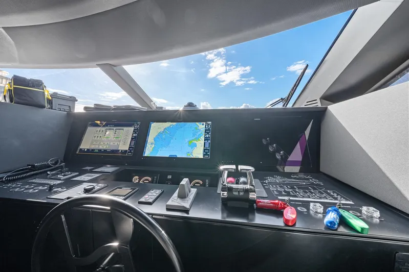 Vix Yacht Photos Pics Cockpit of 2018 Ferretti Yachts 850 with navigation screens and controls.
