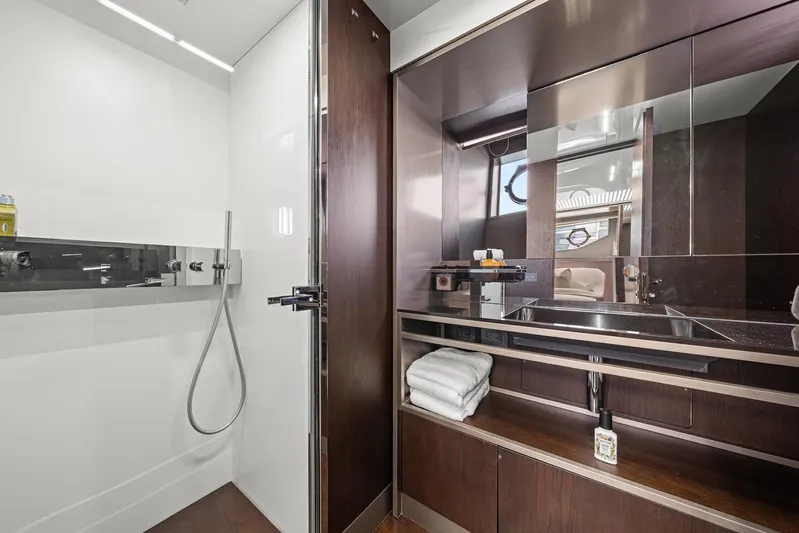 Vix Yacht Photos Pics Luxurious bathroom in 2018 Ferretti Yachts 850, featuring modern fixtures and elegant design.