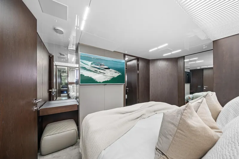 Vix Yacht Photos Pics Luxurious bedroom interior of 2018 Ferretti Yachts 850, featuring modern design and elegant furnishings.