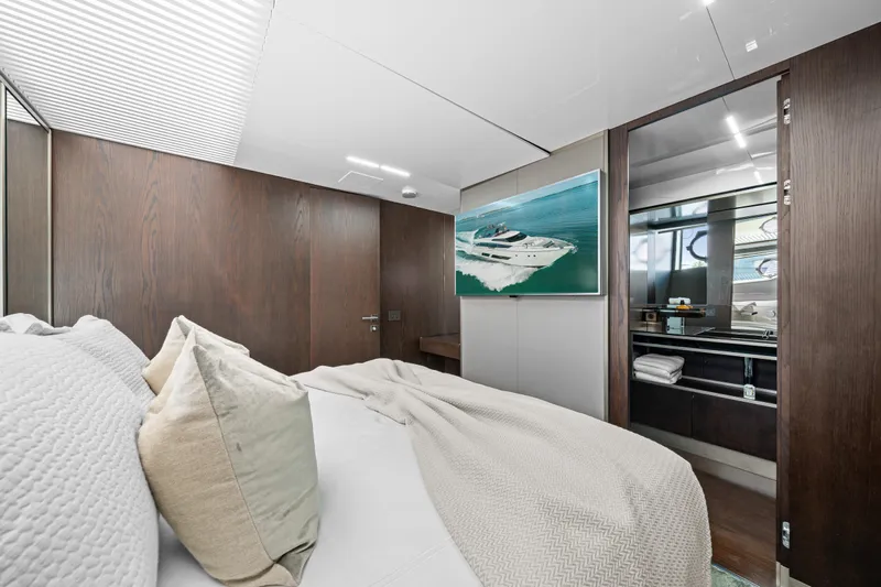 Vix Yacht Photos Pics Luxurious bedroom interior of 2018 Ferretti Yachts 850 with modern design and elegant furnishings.