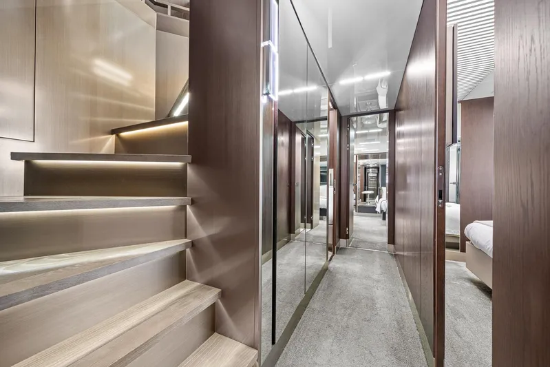 Vix Yacht Photos Pics Luxurious interior of 2018 Ferretti Yachts 850, featuring elegant stairs and modern design.