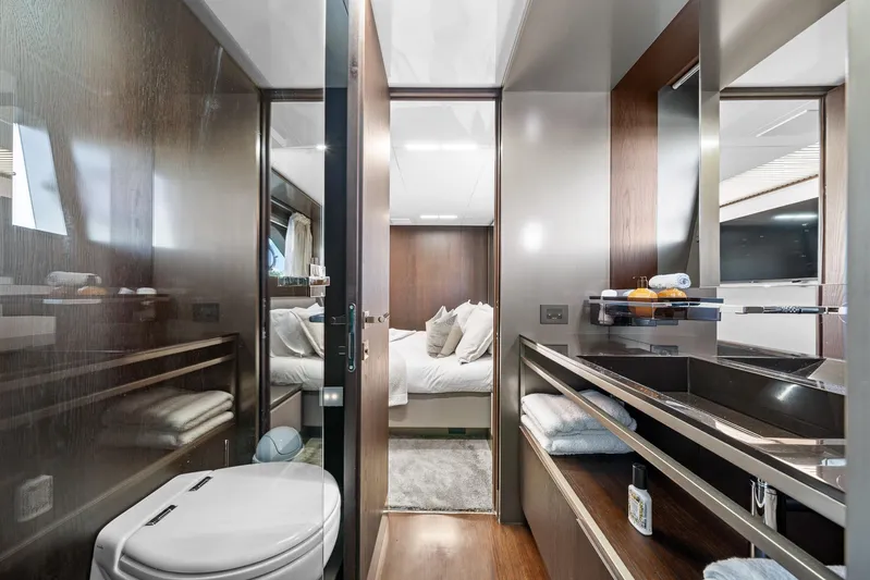 Vix Yacht Photos Pics Luxurious bathroom and bedroom interior of 2018 Ferretti Yachts 850, featuring modern design elements.
