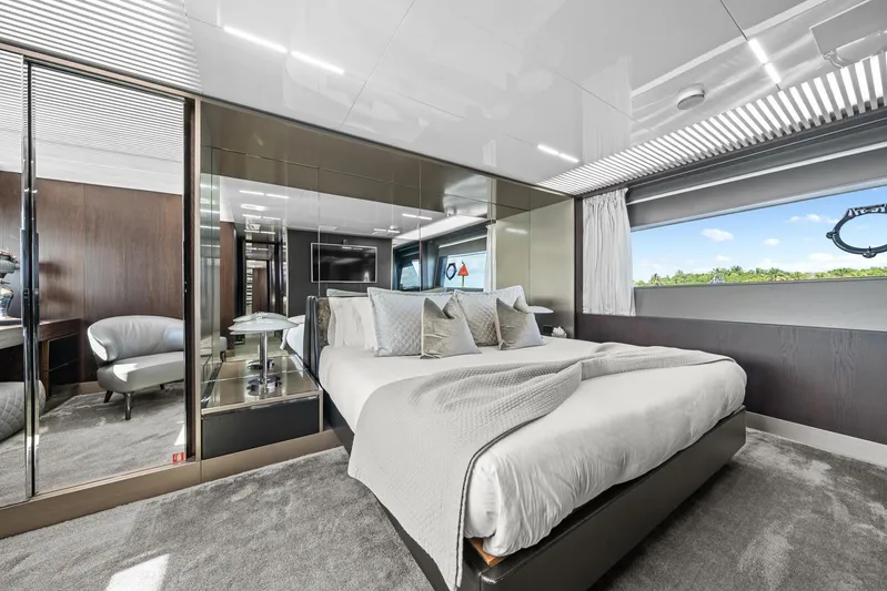 Vix Yacht Photos Pics Luxurious bedroom interior of 2018 Ferretti Yachts 850 with modern design and scenic window view.