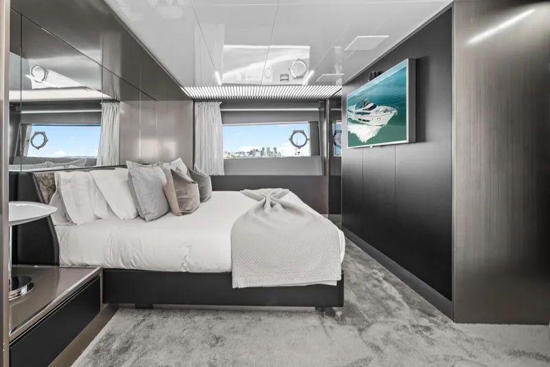 Vix Yacht Photos Pics Luxurious bedroom interior of 2018 Ferretti Yachts 850 with modern decor and ocean view.