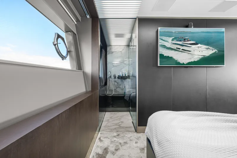 Vix Yacht Photos Pics Luxurious interior of 2018 Ferretti Yachts 850 with modern design and ocean view.