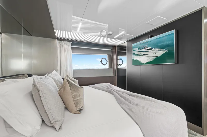 Vix Yacht Photos Pics Luxurious bedroom interior of 2018 Ferretti Yachts 850 with modern decor and ocean view.