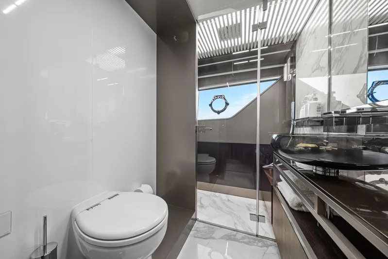 Vix Yacht Photos Pics Luxurious bathroom in 2018 Ferretti Yachts 850, featuring modern fixtures and elegant design.