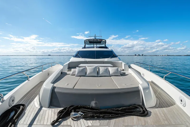 Vix Yacht Photos Pics Luxurious 2018 Ferretti Yachts 850 on serene blue waters under clear skies.