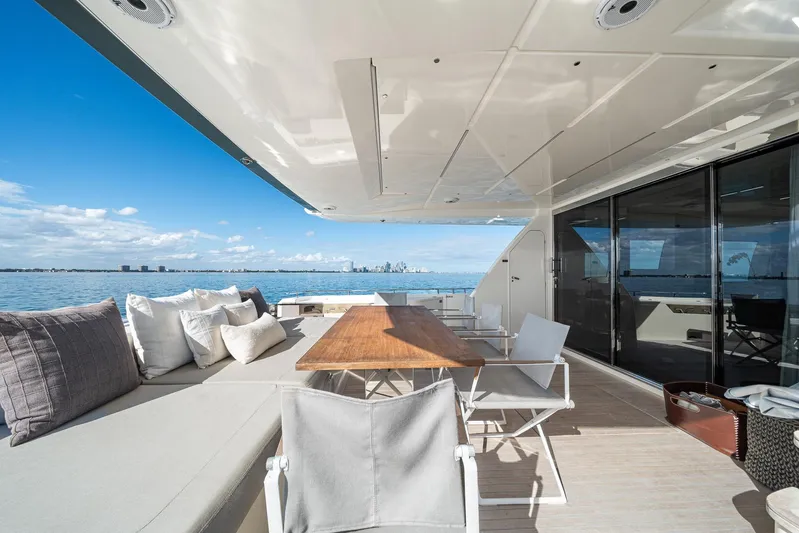 Vix Yacht Photos Pics Luxurious 2018 Ferretti Yachts 850 deck with elegant seating and ocean view.