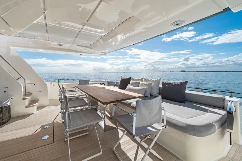 Vix Yacht Photos Pics Luxurious 2018 Ferretti Yachts 850 deck with seating, table, and ocean view.