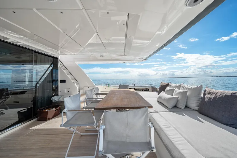 Vix Yacht Photos Pics Luxurious 2018 Ferretti Yachts 850 deck with elegant seating and ocean view.