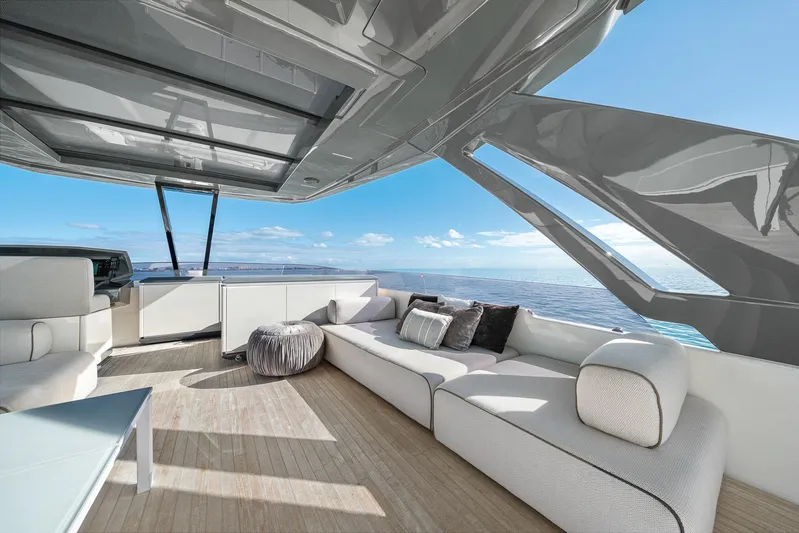 Vix Yacht Photos Pics Luxurious 2018 Ferretti Yachts 850 deck with modern seating and ocean view.
