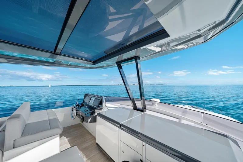 Vix Yacht Photos Pics Luxurious 2018 Ferretti Yachts 850 with sleek interior and stunning ocean view.