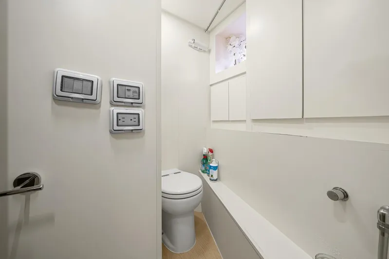 Vix Yacht Photos Pics Luxurious bathroom in 2018 Ferretti Yachts 850, featuring modern fixtures and sleek design.