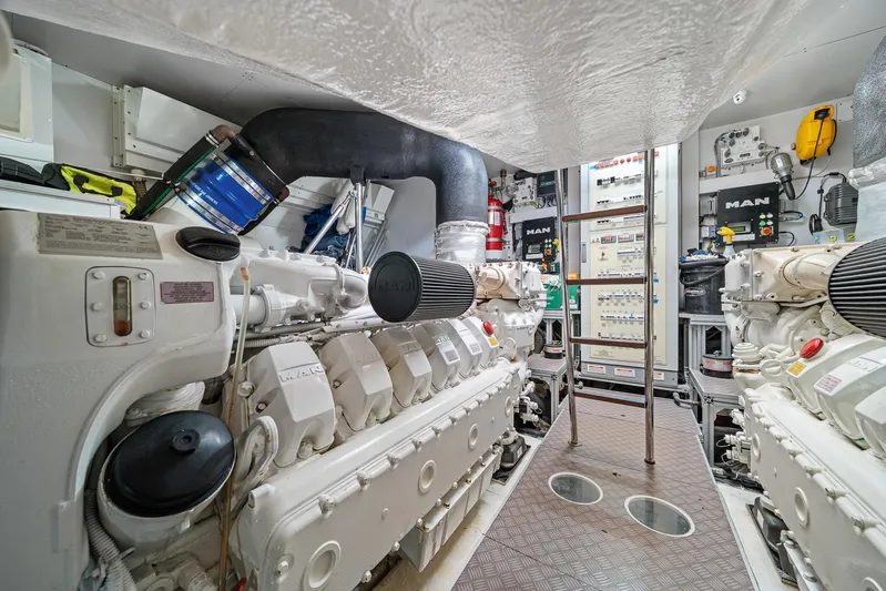 Vix Yacht Photos Pics Engine room of 2018 Ferretti Yachts 850, featuring dual MAN engines and control panels.