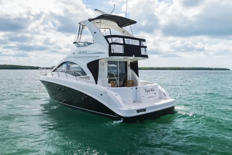Deep Blue Yacht Photos Pics 2008 Sea Ray 36 Sedan Bridge yacht cruising on open water under cloudy skies.