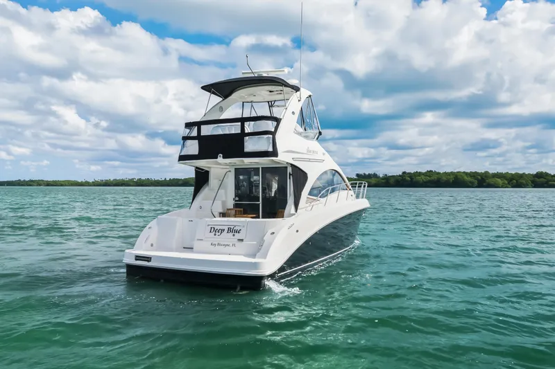 Deep Blue Yacht Photos Pics 2008 Sea Ray 36 Sedan Bridge yacht cruising on open water under a cloudy sky.