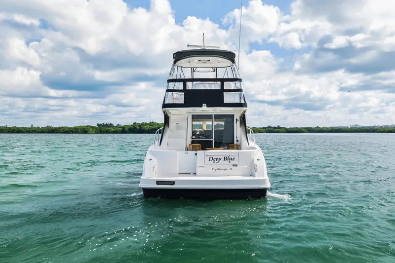 Deep Blue Yacht Photos Pics 2008 Sea Ray 36 Sedan Bridge yacht on open water, rear view, under a cloudy sky.