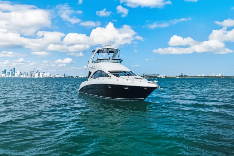 Deep Blue Yacht Photos Pics 2008 Sea Ray 36 Sedan Bridge yacht on open water with city skyline backdrop.