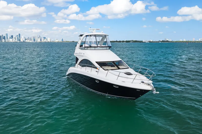 Deep Blue Yacht Photos Pics 2008 Sea Ray 36 Sedan Bridge yacht on open water with city skyline background.