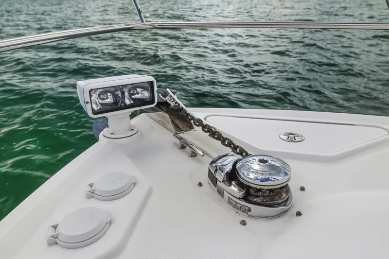 Deep Blue Yacht Photos Pics Bow of 2008 Sea Ray 36 Sedan Bridge with anchor chain and spotlight.