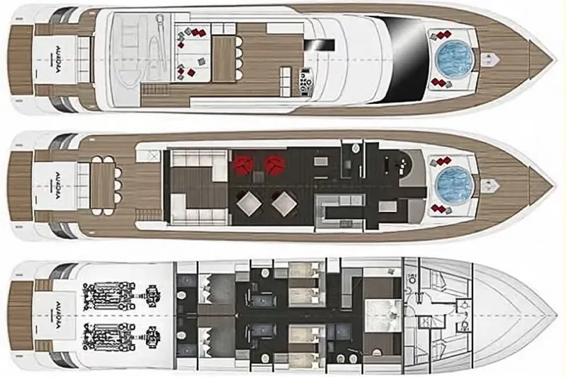 Andea Yacht Photos Pics Floor plan of 2008 Tecnomar Nadara 26 Fly yacht, showcasing three levels with detailed layouts.