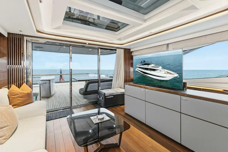 Amarula Sun Yacht Photos Pics Luxurious interior of 2024 Princess X80 yacht with ocean view and modern amenities.