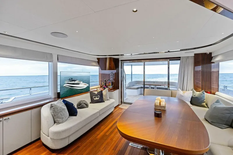 Amarula Sun Yacht Photos Pics Luxurious interior of 2024 Princess X80 yacht with ocean view and elegant furnishings.